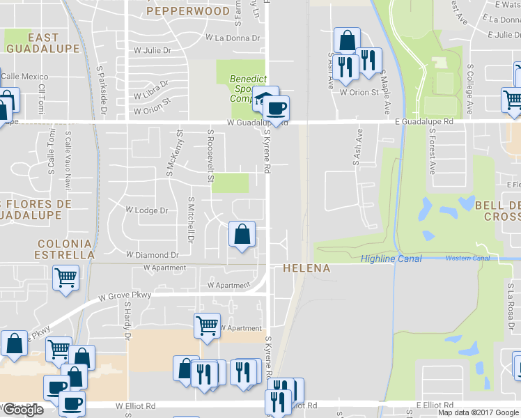 map of restaurants, bars, coffee shops, grocery stores, and more near 317 West Lodge Drive in Tempe
