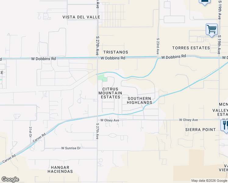 map of restaurants, bars, coffee shops, grocery stores, and more near 2615 West Buist Avenue in Phoenix