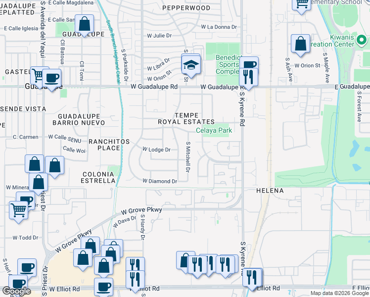 map of restaurants, bars, coffee shops, grocery stores, and more near 6714 South Mitchell Drive in Tempe