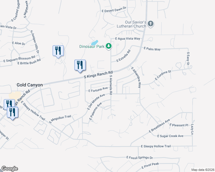 map of restaurants, bars, coffee shops, grocery stores, and more near 10018 East Del Monte Avenue in Gold Canyon