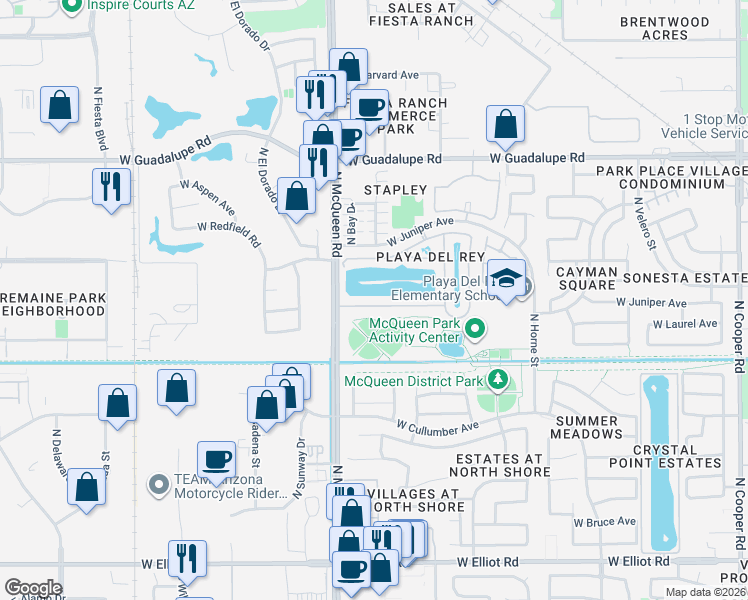 map of restaurants, bars, coffee shops, grocery stores, and more near 1561 West Commerce Avenue in Gilbert