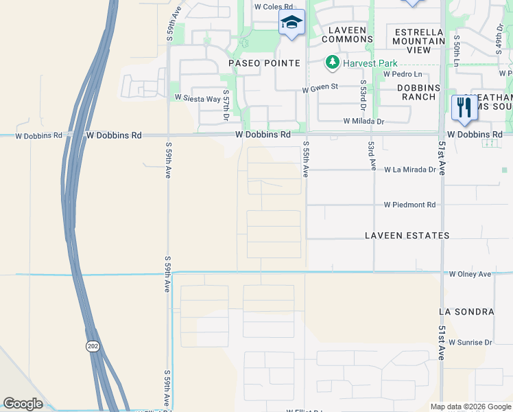 map of restaurants, bars, coffee shops, grocery stores, and more near 9601-9799 South 55th Avenue in Maricopa County