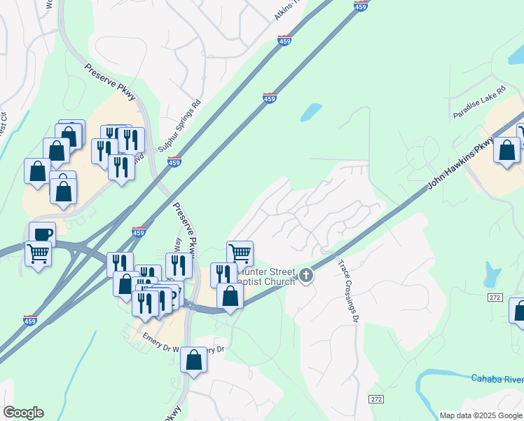 map of restaurants, bars, coffee shops, grocery stores, and more near 509 Tree Crossings Parkway in Hoover