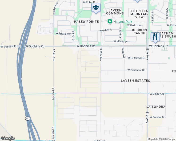 map of restaurants, bars, coffee shops, grocery stores, and more near 9601-9799 South 55th Avenue in Maricopa County