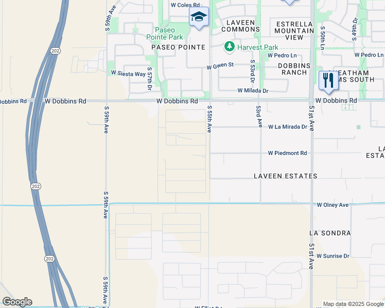map of restaurants, bars, coffee shops, grocery stores, and more near 9601-9799 South 55th Avenue in Maricopa County