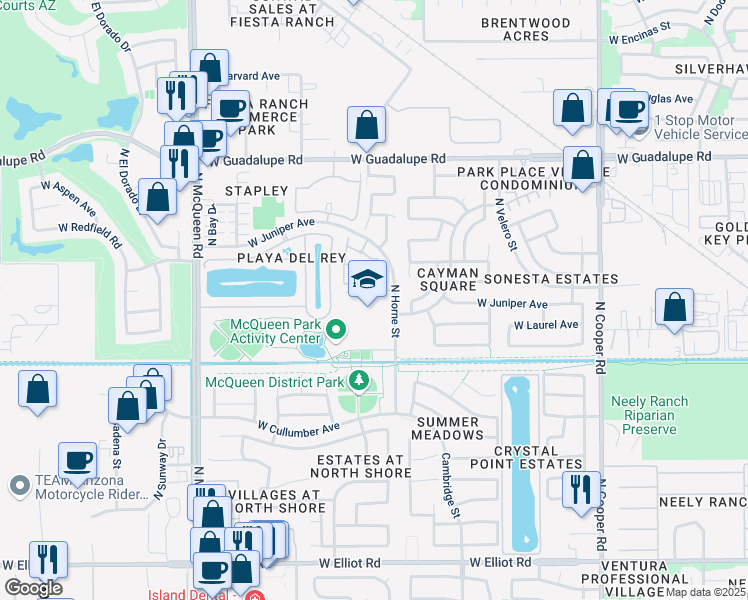 map of restaurants, bars, coffee shops, grocery stores, and more near 550 North Horne Street in Gilbert