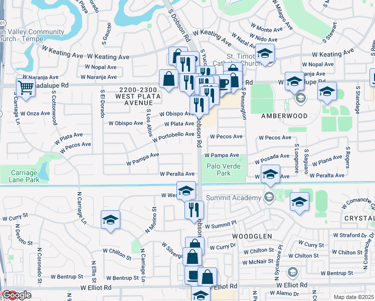 map of restaurants, bars, coffee shops, grocery stores, and more near 2032 West Posada Circle in Mesa