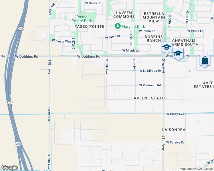 map of restaurants, bars, coffee shops, grocery stores, and more near 9601 South 55th Avenue in Maricopa County