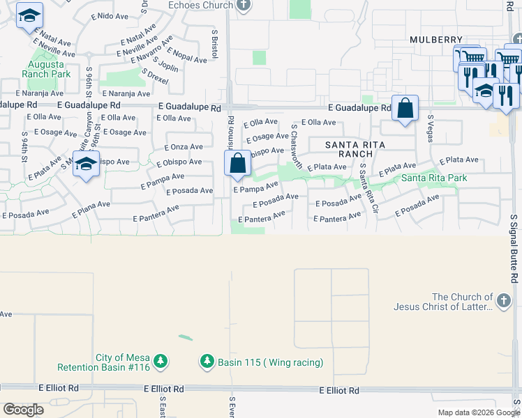 map of restaurants, bars, coffee shops, grocery stores, and more near 10065 East Pantera Avenue in Mesa