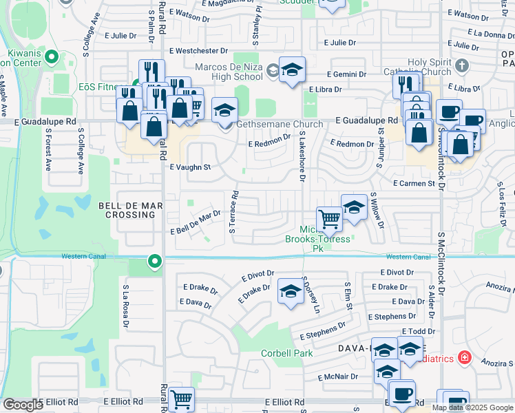 map of restaurants, bars, coffee shops, grocery stores, and more near 1136 East Lodge Drive in Tempe