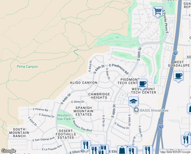map of restaurants, bars, coffee shops, grocery stores, and more near 9610 South 44th Street in Phoenix