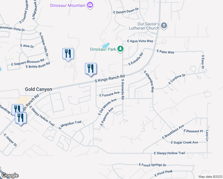 map of restaurants, bars, coffee shops, grocery stores, and more near 5977 South Kings Ranch Road in Gold Canyon