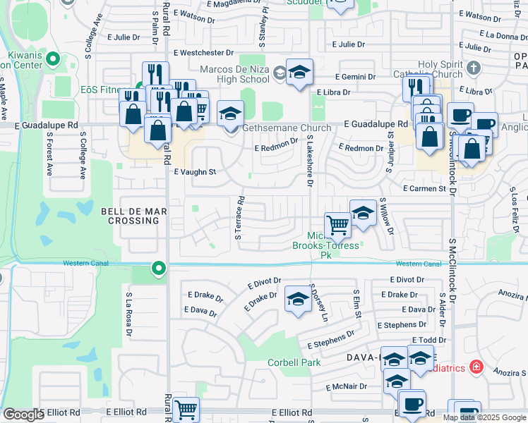 map of restaurants, bars, coffee shops, grocery stores, and more near 1136 East Lodge Drive in Tempe