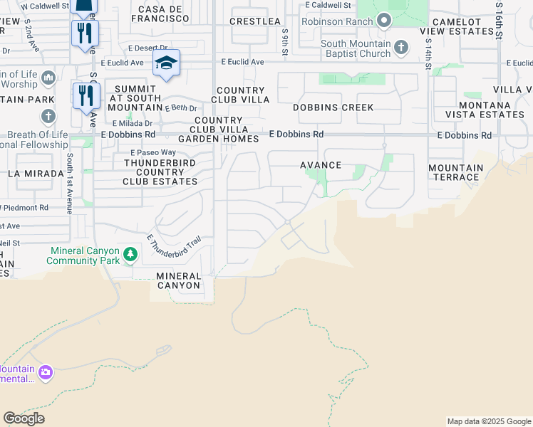 map of restaurants, bars, coffee shops, grocery stores, and more near 701 East Thunderbird Trail in Phoenix