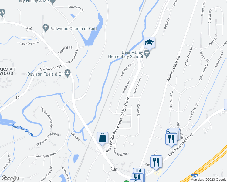 map of restaurants, bars, coffee shops, grocery stores, and more near 5365 Cottage Circle in Hoover