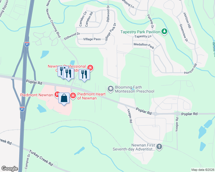 map of restaurants, bars, coffee shops, grocery stores, and more near 24 Sunnyland Drive in Newnan