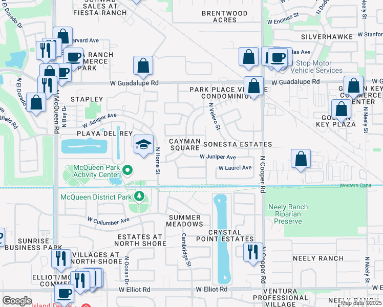 map of restaurants, bars, coffee shops, grocery stores, and more near 1074 West Olive Avenue in Gilbert