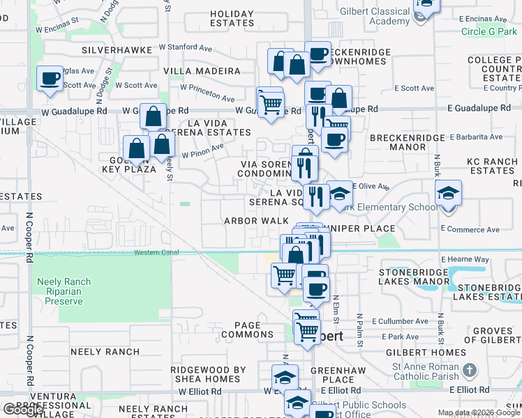 map of restaurants, bars, coffee shops, grocery stores, and more near 162 West Tremaine Court in Gilbert