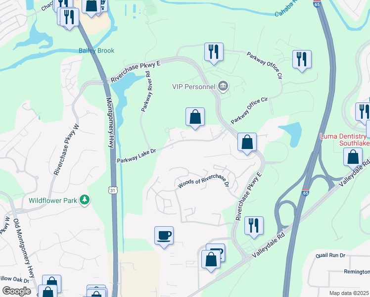 map of restaurants, bars, coffee shops, grocery stores, and more near 2184 Parkway Lake Drive in Hoover