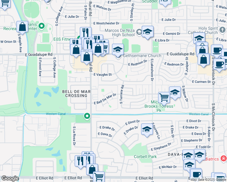 map of restaurants, bars, coffee shops, grocery stores, and more near 1033 East Lodge Drive in Tempe