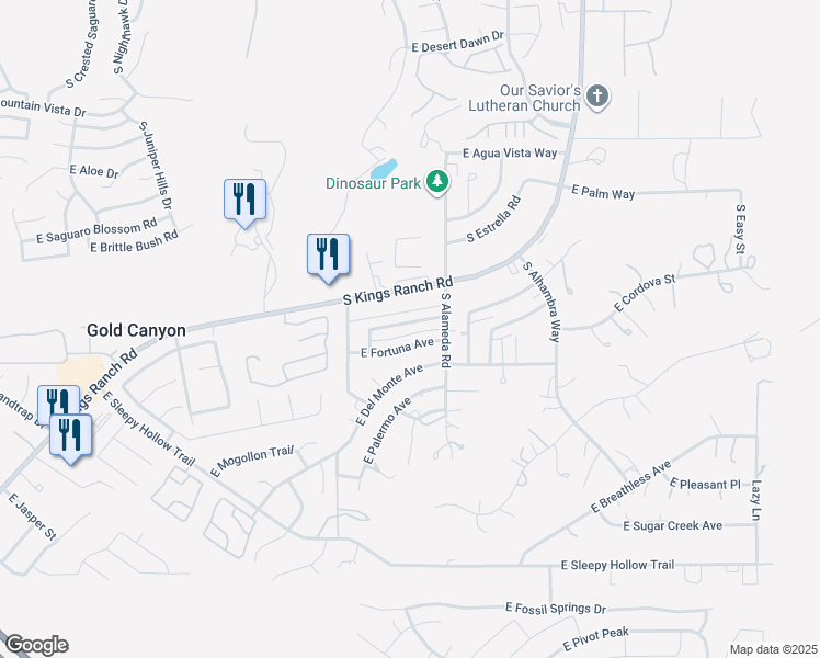 map of restaurants, bars, coffee shops, grocery stores, and more near 5977 South Kings Ranch Road in Gold Canyon
