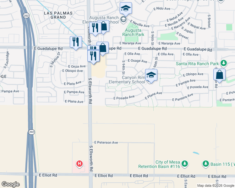 map of restaurants, bars, coffee shops, grocery stores, and more near 9404 East Pampa Avenue in Mesa