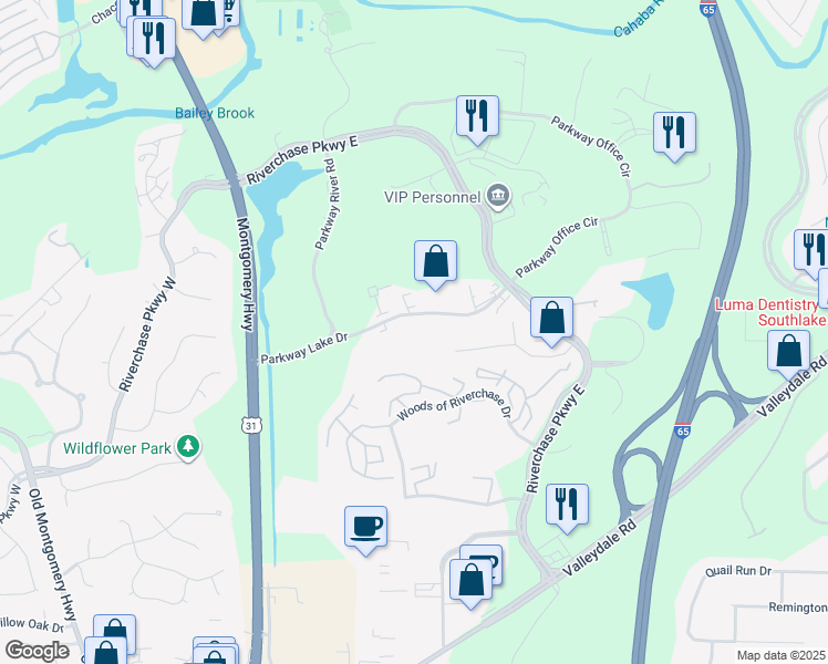 map of restaurants, bars, coffee shops, grocery stores, and more near 2188 Parkway Lake Dr in Birmingham