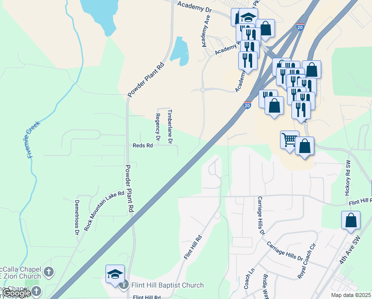 map of restaurants, bars, coffee shops, grocery stores, and more near 5529 Academy Way in Bessemer