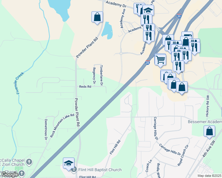 map of restaurants, bars, coffee shops, grocery stores, and more near 5529 Academy Way in Bessemer