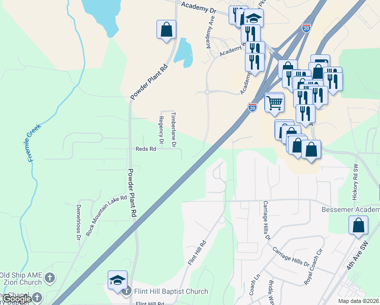 map of restaurants, bars, coffee shops, grocery stores, and more near 5529 Academy Way in Bessemer