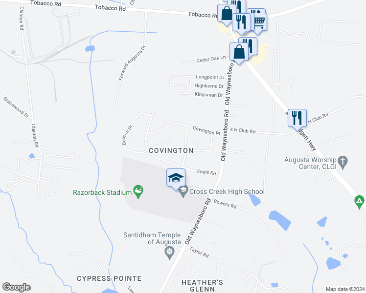 map of restaurants, bars, coffee shops, grocery stores, and more near 3813 Nicoll Drive in Augusta