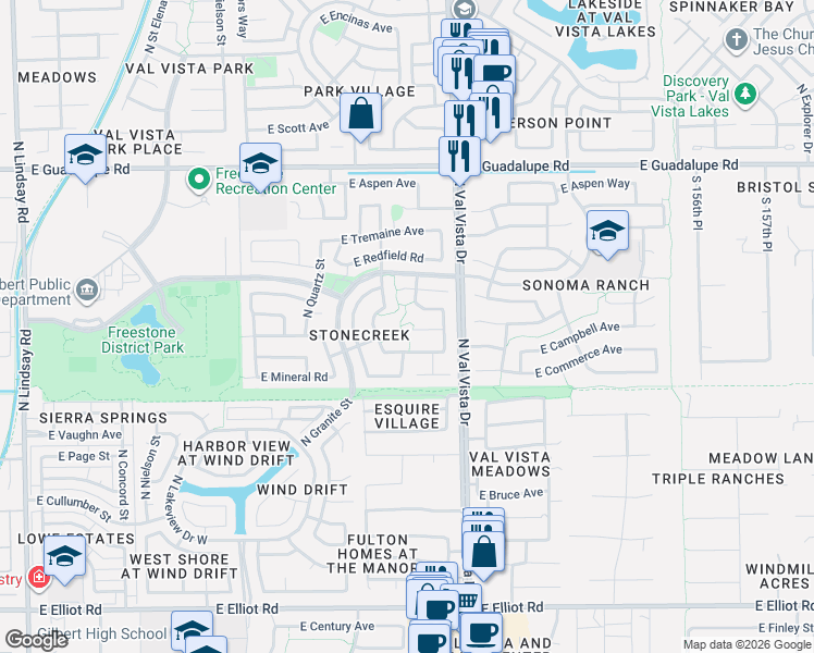 map of restaurants, bars, coffee shops, grocery stores, and more near 1509 East Heather Avenue in Gilbert