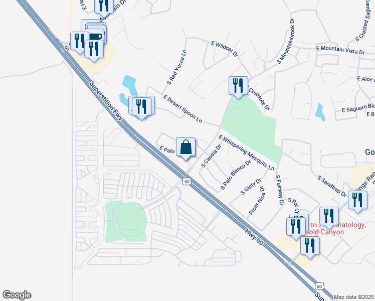 map of restaurants, bars, coffee shops, grocery stores, and more near 7325 East Canyon Wren Drive in Gold Canyon
