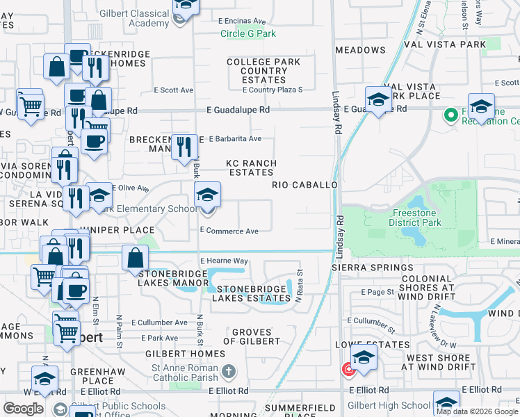 map of restaurants, bars, coffee shops, grocery stores, and more near 528 East Campbell Avenue in Gilbert