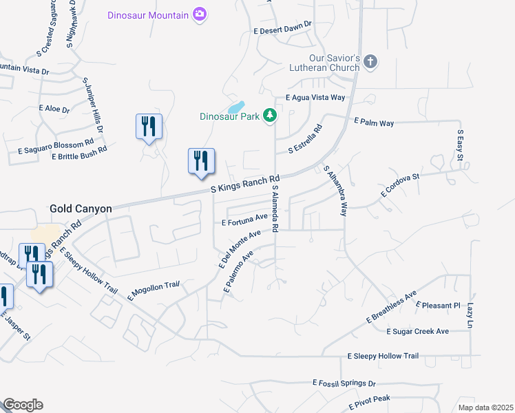 map of restaurants, bars, coffee shops, grocery stores, and more near 5977 South Kings Ranch Road in Gold Canyon