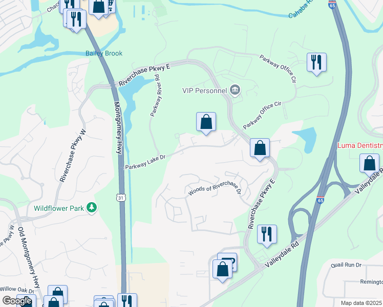 map of restaurants, bars, coffee shops, grocery stores, and more near 2184 Parkway Lake Drive in Hoover