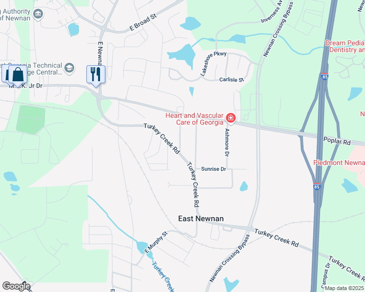 map of restaurants, bars, coffee shops, grocery stores, and more near 86 Michael Drive in Newnan