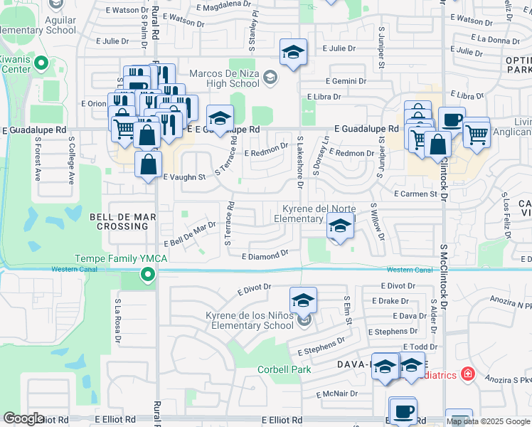 map of restaurants, bars, coffee shops, grocery stores, and more near 1136 East Lodge Drive in Tempe