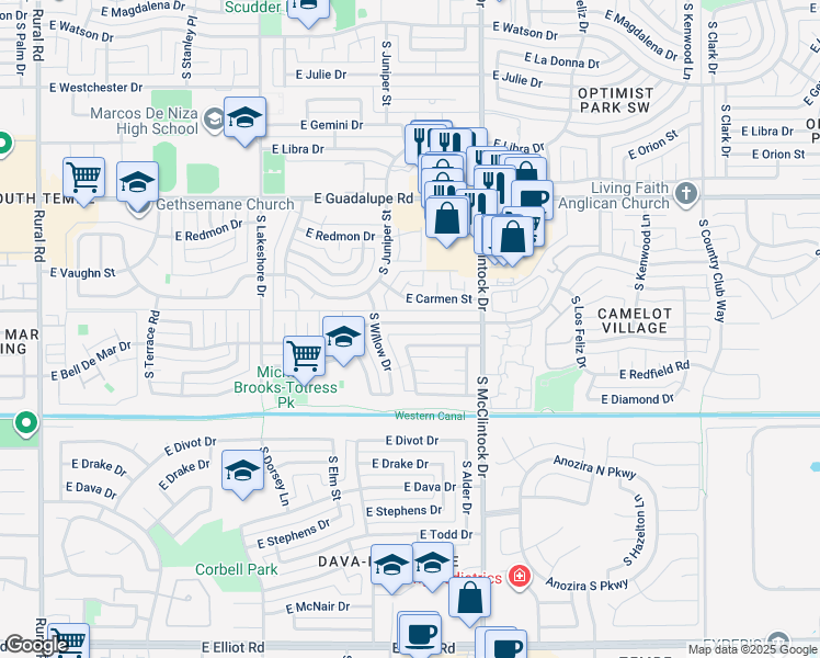 map of restaurants, bars, coffee shops, grocery stores, and more near 1612 East Bell De Mar Drive in Tempe