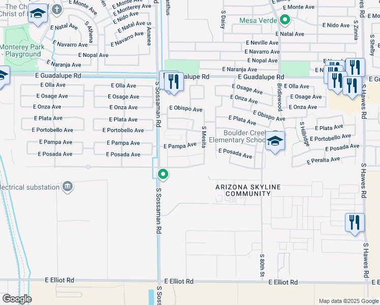 map of restaurants, bars, coffee shops, grocery stores, and more near 7739 East Pampa Avenue in Mesa
