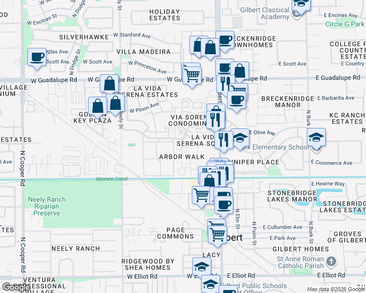 map of restaurants, bars, coffee shops, grocery stores, and more near 162 West Tremaine Court in Gilbert