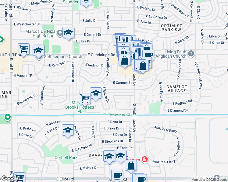map of restaurants, bars, coffee shops, grocery stores, and more near 1612 East Bell De Mar Drive in Tempe