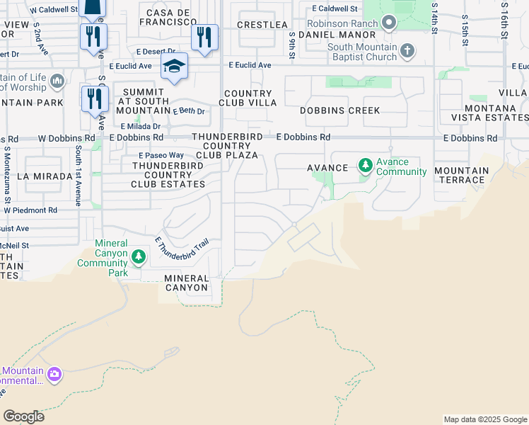 map of restaurants, bars, coffee shops, grocery stores, and more near 701 East Thunderbird Trail in Phoenix