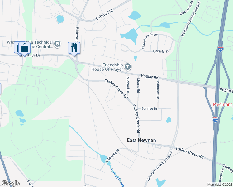 map of restaurants, bars, coffee shops, grocery stores, and more near 197 Turkey Creek Road in Newnan