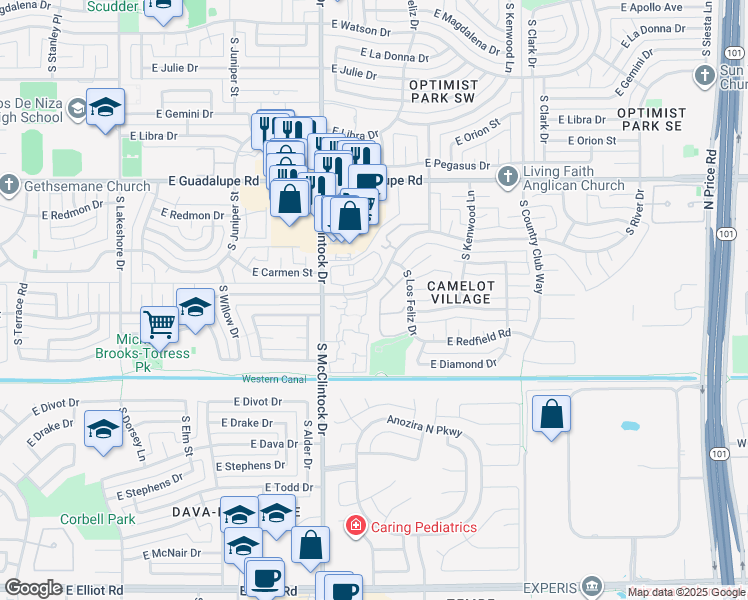 map of restaurants, bars, coffee shops, grocery stores, and more near 6734 South Taylor Drive in Tempe