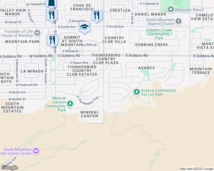 map of restaurants, bars, coffee shops, grocery stores, and more near 9614 South 7th Place in Phoenix
