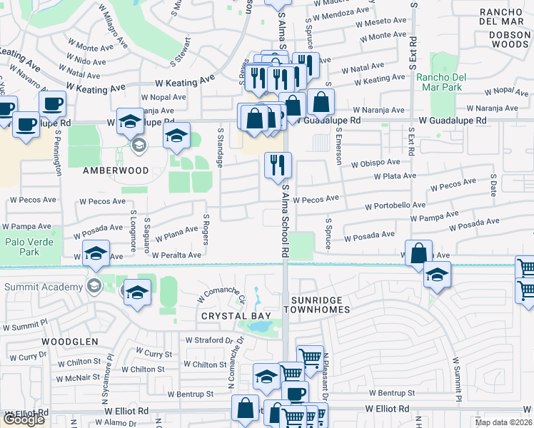 map of restaurants, bars, coffee shops, grocery stores, and more near 3030 South Alma School Road in Mesa