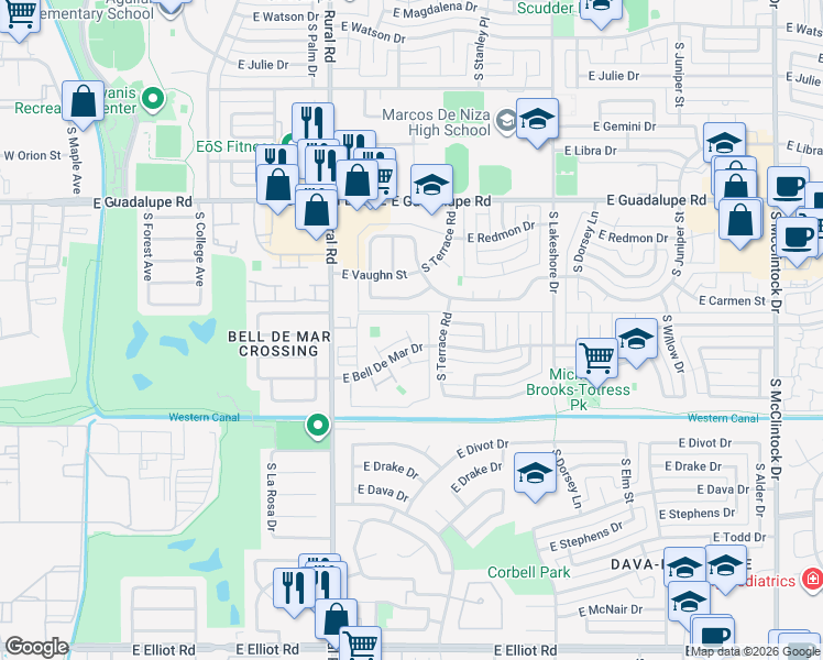 map of restaurants, bars, coffee shops, grocery stores, and more near 1033 East Lodge Drive in Tempe