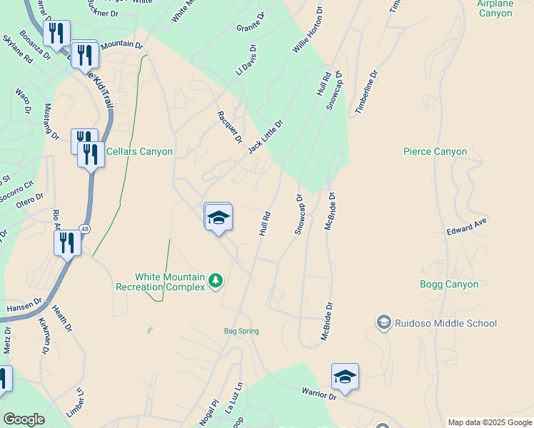map of restaurants, bars, coffee shops, grocery stores, and more near Hull Road in Ruidoso