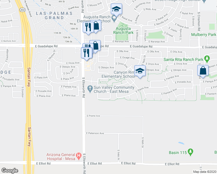 map of restaurants, bars, coffee shops, grocery stores, and more near 3051 South 93rd Place in Mesa